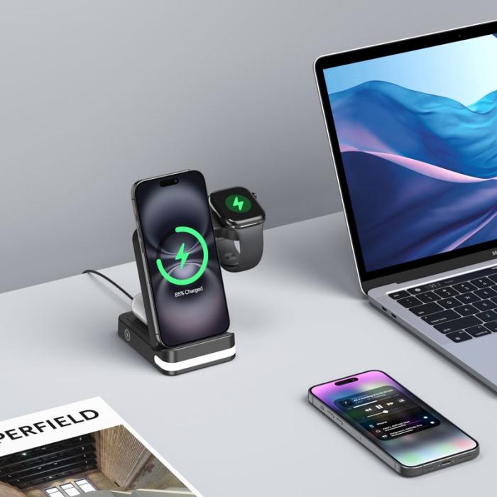 OEM - B-27 3-i-1 Fällbar 15W Trådlös Laddare med Nattlampa - Svart