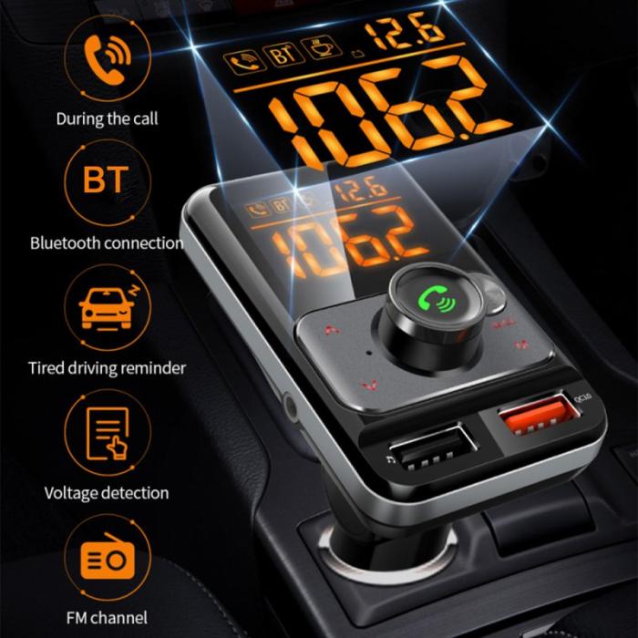 OEM - BT79DS Bluetooth 5.0 FM-sändare med 1.44 tum skärm, svart 18W QC3.0