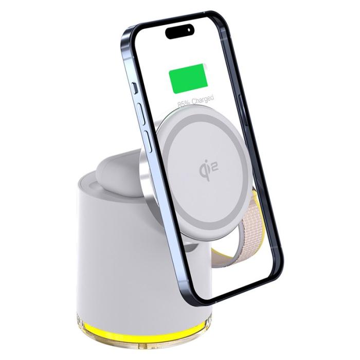 OEM - Laddningsställ med nattlampa för telefon och klocka 15W - Vit