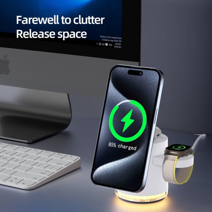 OEM - Laddningsställ med nattlampa för telefon och klocka 15W - Vit