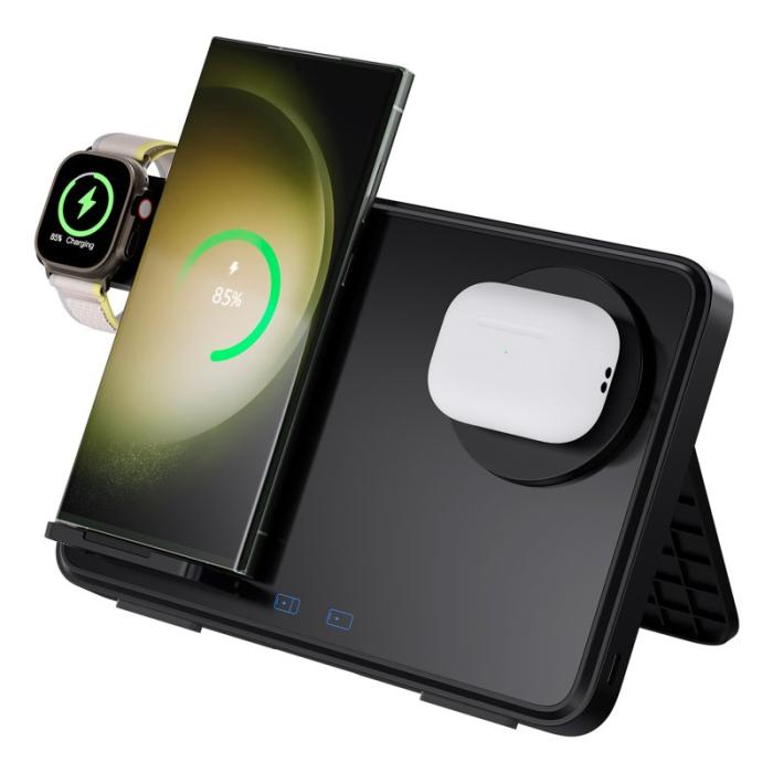 OEM - 15W Dubbla Ringar Fällbar 3-i-1 Trådlös Laddare - Svart