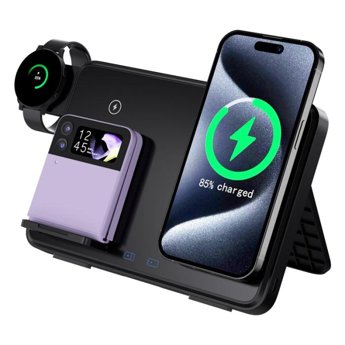 OEM - 15W Dubbla Ringar Fällbar 3-i-1 Trådlös Laddare - Svart