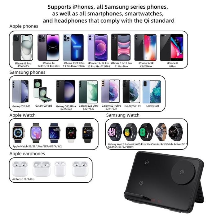 OEM - 15W Dubbla Ringar Fällbar 3-i-1 Trådlös Laddare - Svart