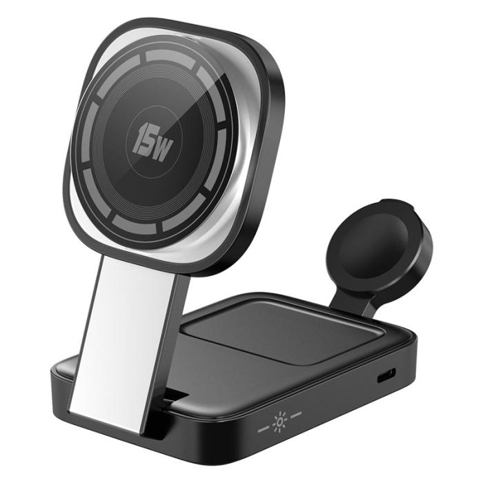 OEM - 3-i-1 Fällbar Laddningsställ för Telefon, Klocka, Hörlurar 15W - Svart