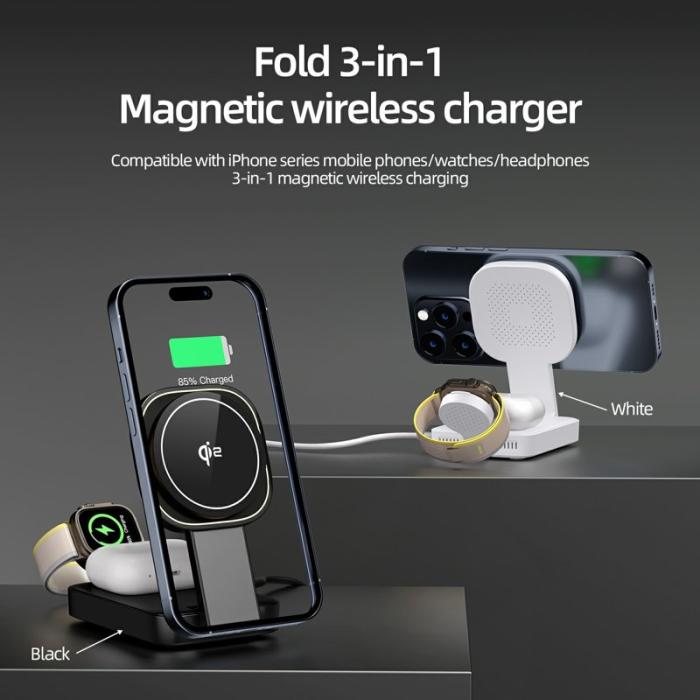 OEM - Magnetisk Trådlös Laddare 3-i-1 15W Snabbladdning - Vit