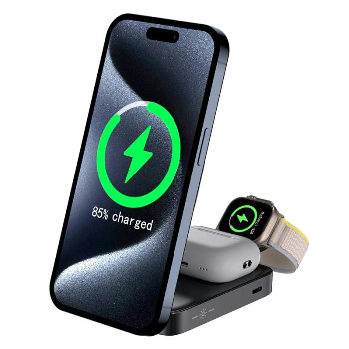 OEM - Magnetisk Trådlös Laddare 3-i-1 Fällbar 15W Snabbladdning Svart