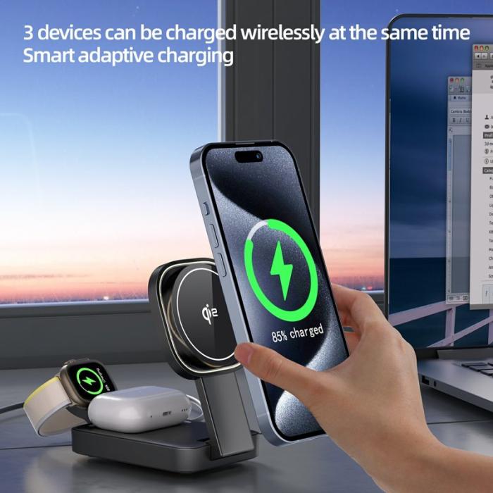 OEM - Magnetisk Trådlös Laddare 3-i-1 Fällbar 15W Snabbladdning Svart