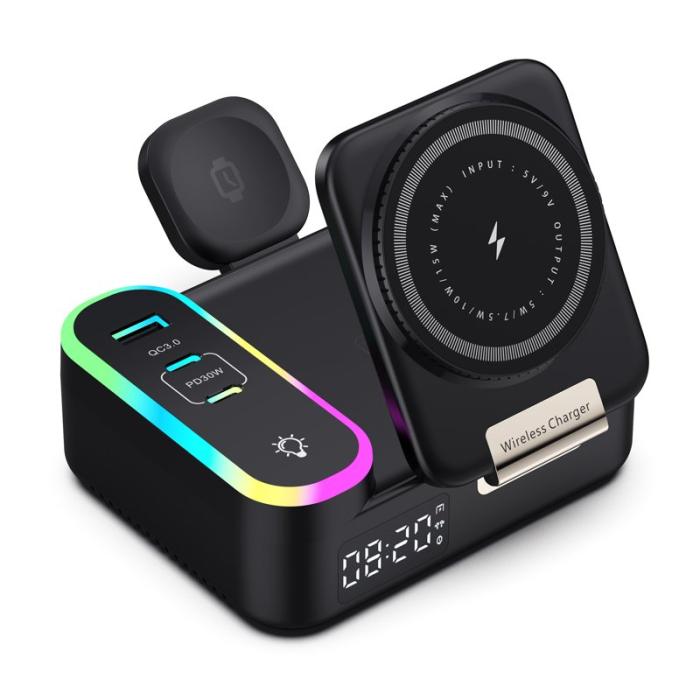 OEM - CYJ-12 15W Fällbar Trådlös Laddare med Magnet och Digital Klocka - Svart