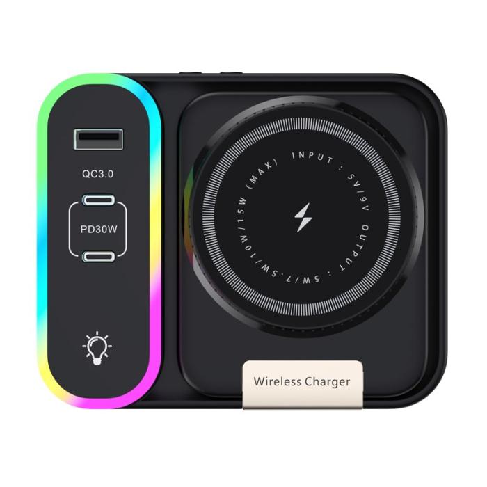 OEM - CYJ-12 15W Fällbar Trådlös Laddare med Magnet och Digital Klocka - Svart