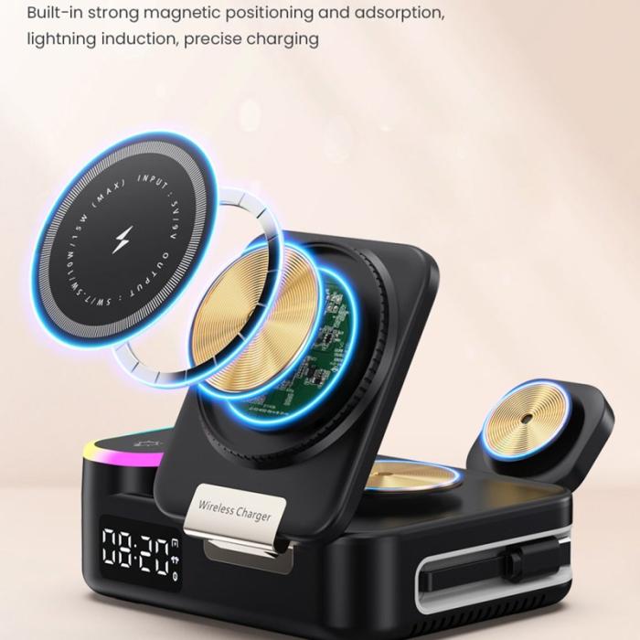 OEM - CYJ-12 15W Fällbar Trådlös Laddare med Magnet och Digital Klocka - Svart