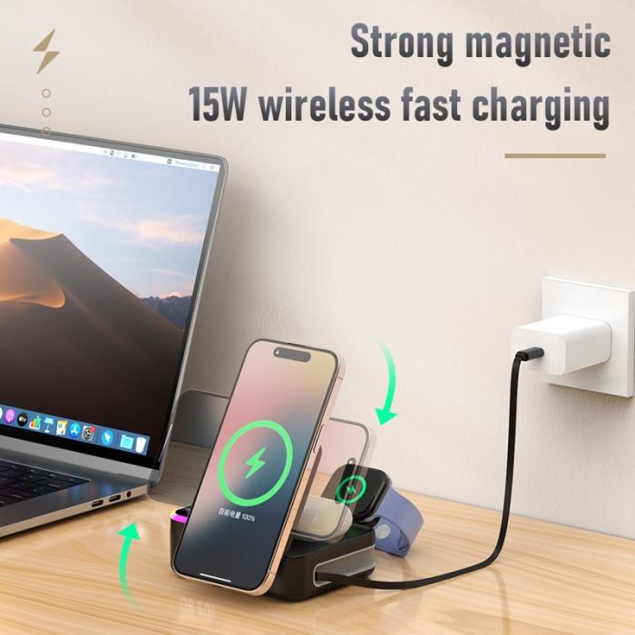 OEM - CYJ-12 15W Fällbar Trådlös Laddare med Magnet och Digital Klocka - Svart