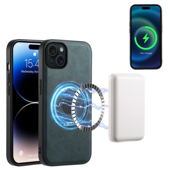DENIOR - DENIOR A11 iPhone 15 Magnetiskt Fodral Läder PC+TPU - Blå