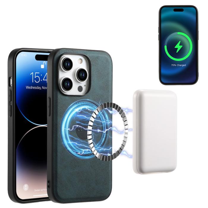 DENIOR - DENIOR A11 iPhone 15 Pro Max Magnetiskt Fodral Äkta Läder Blå