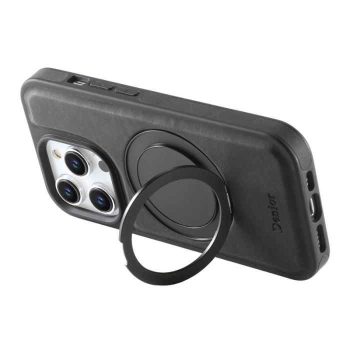 DENIOR - DENIOR iPhone 15 Pro Skal Magnetiskt Ställ Läder PC TPU - Svart