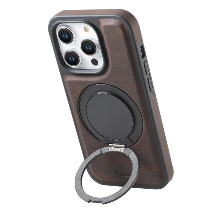 DENIOR - DENIOR iPhone 15 Pro Skal Magnetiskt Rotationsstativ Läder PC TPU - Brun