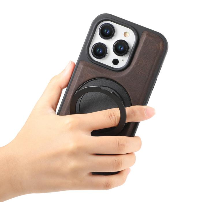 DENIOR - DENIOR iPhone 15 Pro Skal Magnetiskt Rotationsstativ Läder PC TPU - Brun