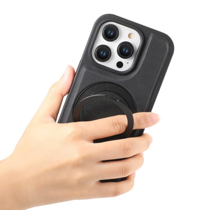 DENIOR - DENIOR iPhone 15 Pro Max Skal Magnetiskt Ställ Läder PC TPU - Svart