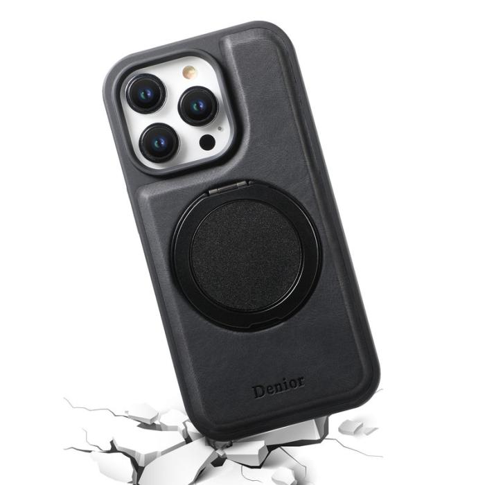 DENIOR - DENIOR iPhone 15 Pro Max Skal Magnetiskt Ställ Läder PC TPU - Svart
