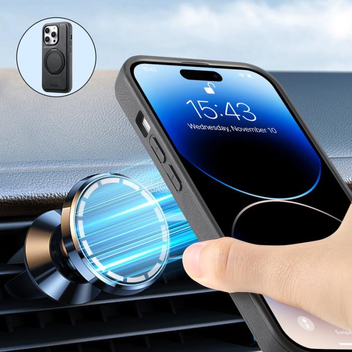 DENIOR - DENIOR iPhone 15 Pro Max Skal Magnetiskt Ställ Läder PC TPU - Svart