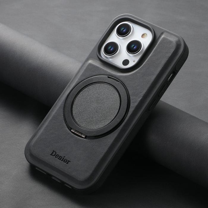 DENIOR - DENIOR iPhone 15 Pro Max Skal Magnetiskt Ställ Läder PC TPU - Svart
