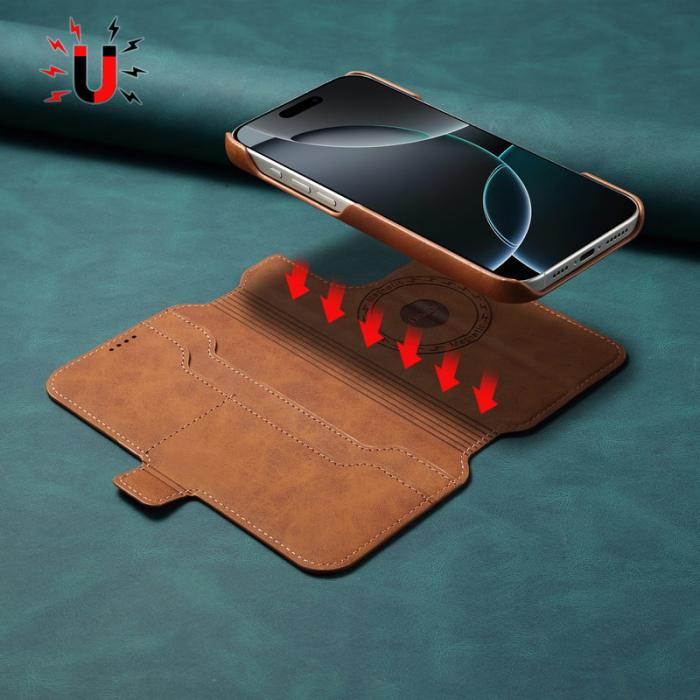 DENIOR - DENIOR B07 iPhone 16 Fodral Äkta läder + PC Magnetiskt brunt