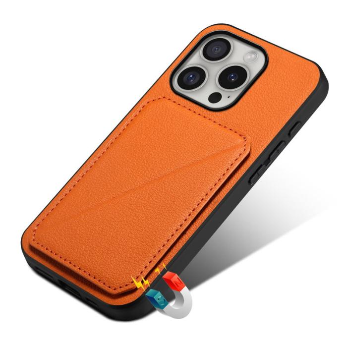 DENIOR - DENIOR D04 iPhone 16 Pro Fodral Kortfack Ställ i Läder - Orange