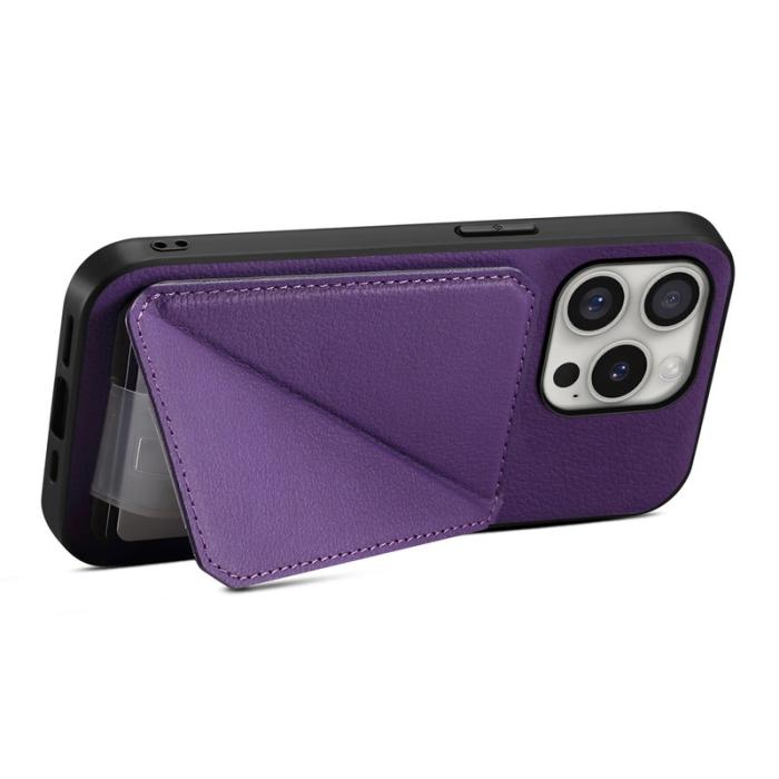 DENIOR - DENIOR D04 iPhone 16 Pro Fodral Kortfack Ställ i Läder - Lila