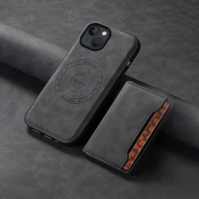 DENIOR - DENIOR D13 iPhone 13/14 Fodral Äkta Läder med Magnetkortfack - Svart