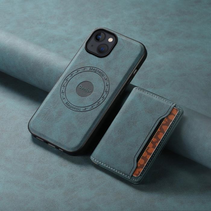 DENIOR - DENIOR D13 iPhone 13/14 Fodral Äkta Läder med Magnetfickor - Blå