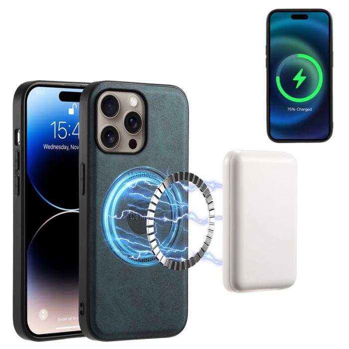 DENIOR - DENIOR D13 iPhone 16 Pro Magnetfodral Korthållare Läder PC TPU Blå