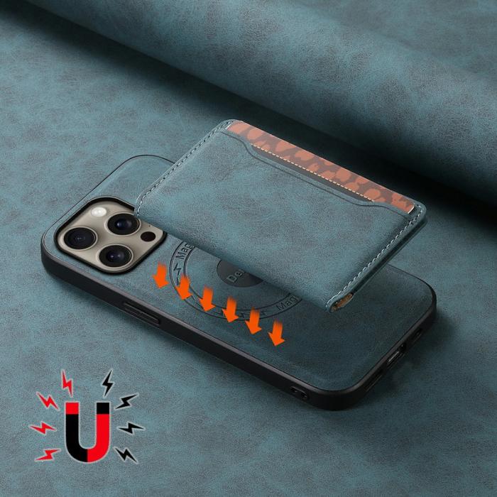 DENIOR - DENIOR D13 iPhone 16 Pro Magnetfodral Korthållare Läder PC TPU Blå