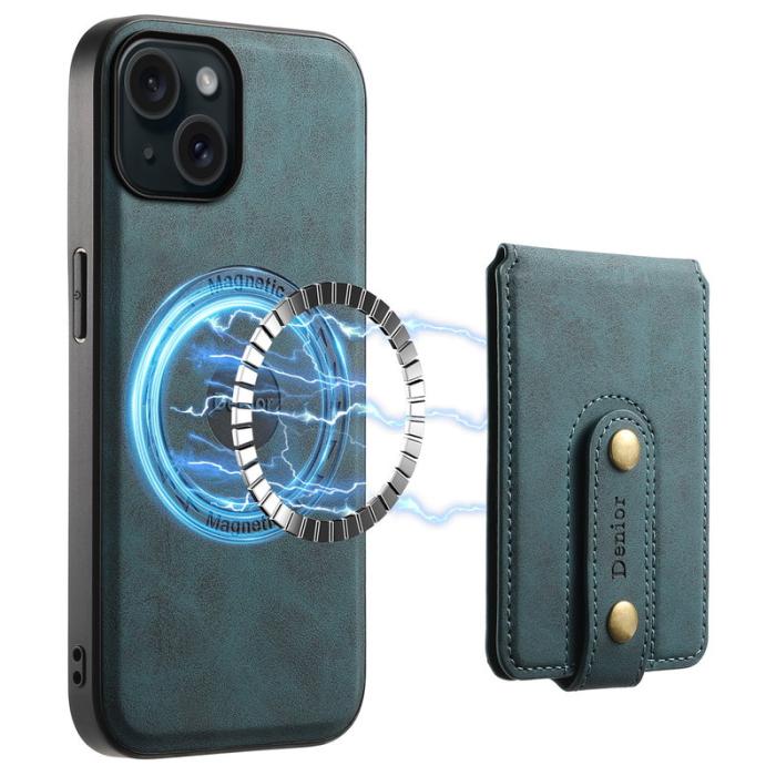 DENIOR - DENIOR D14 iPhone 15 Magnetiskt Fodral Retro Läder TPU PC Blå