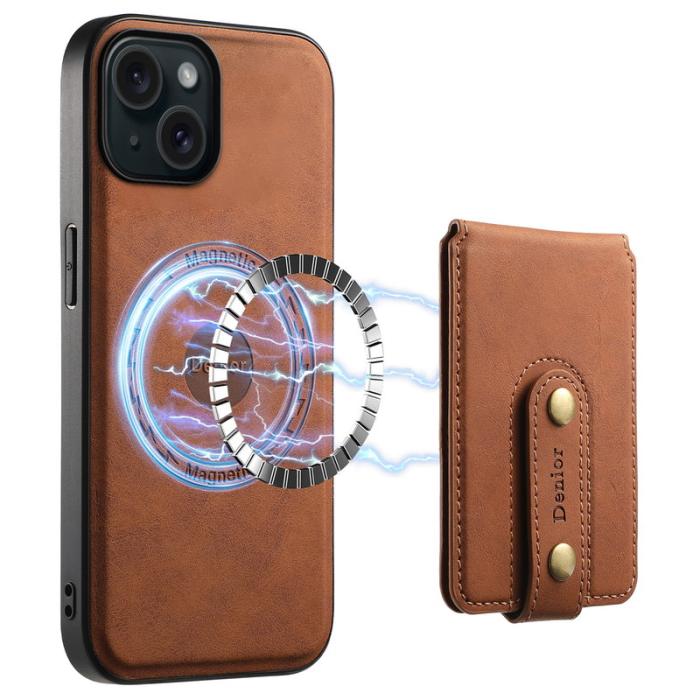 DENIOR - DENIOR D14 iPhone 15 Magnetiskt Fodral Retro Läder TPU PC Brun