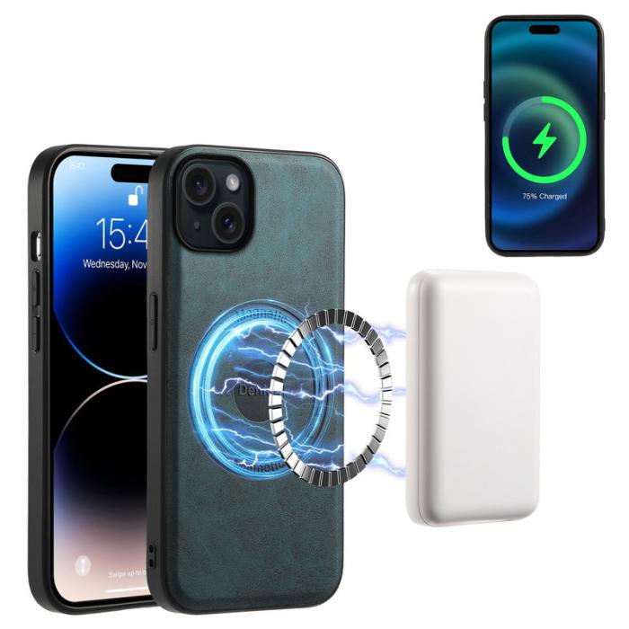 DENIOR - DENIOR D14 iPhone 15 Plus Fodral Magnetiskt Läder Retro Blå