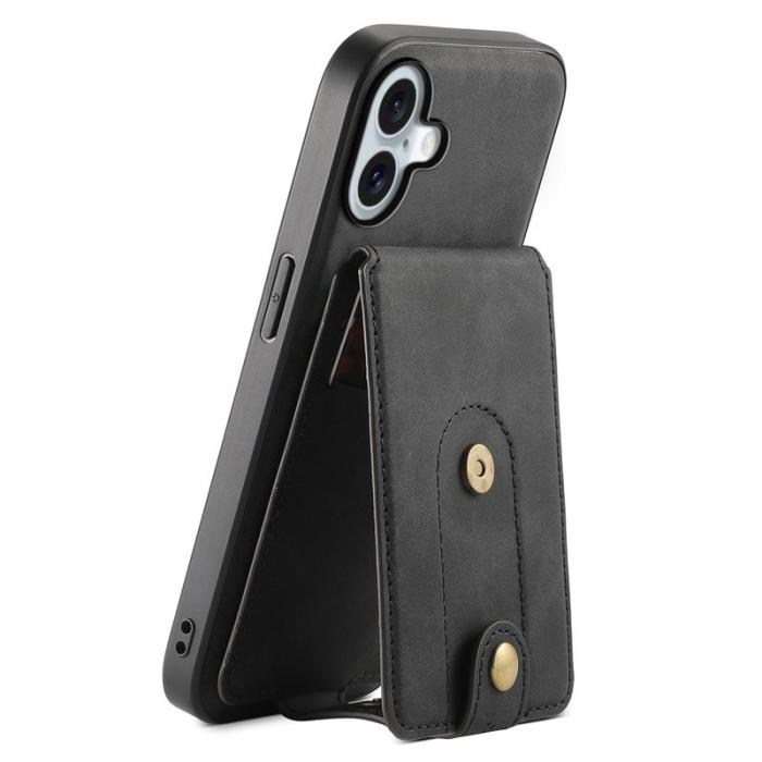 DENIOR - DENIOR D14 iPhone 16 Fodral Kickstand Korthållare Äkta Läder Svart