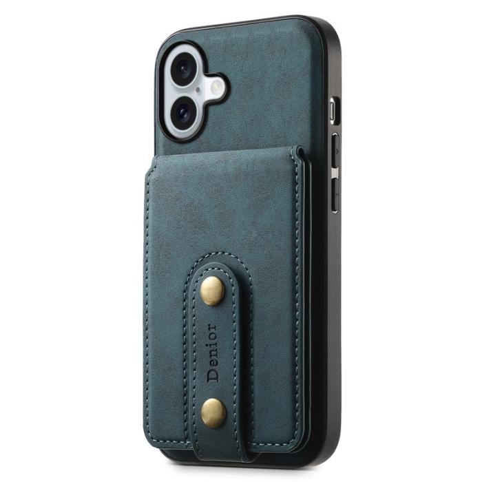 DENIOR - DENIOR D14 iPhone 16 Fodral Kickstand Korthållare Äkta Läder Blå