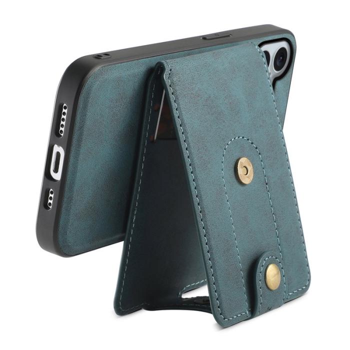 DENIOR - DENIOR D14 iPhone 16 Fodral Kickstand Korthållare Äkta Läder Blå