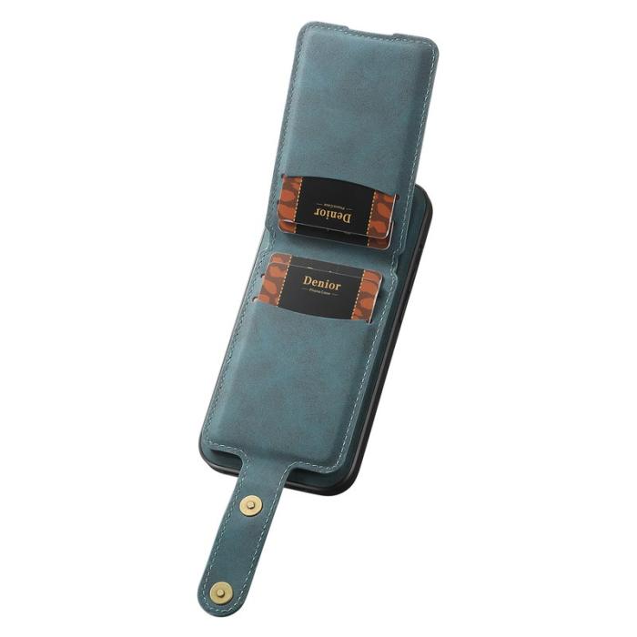 DENIOR - DENIOR D14 iPhone 16 Fodral Kickstand Korthållare Äkta Läder Blå