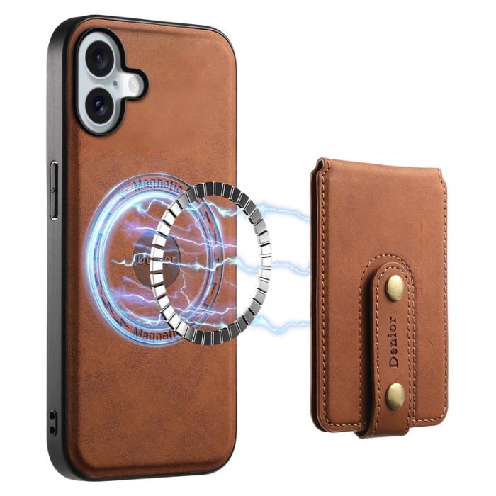 DENIOR - DENIOR D14 iPhone 16 Plus Fodral Äkta läder MagSafe Kortväska - Brun