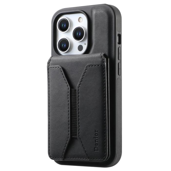 DENIOR - DENIOR D18 iPhone 15 Pro Fodral Ring Ställ i Läder+PC+TPU - Svart