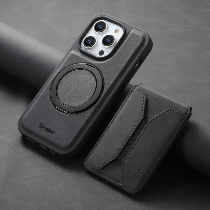 DENIOR - DENIOR D18 iPhone 15 Pro Fodral Ring Ställ i Läder+PC+TPU - Svart