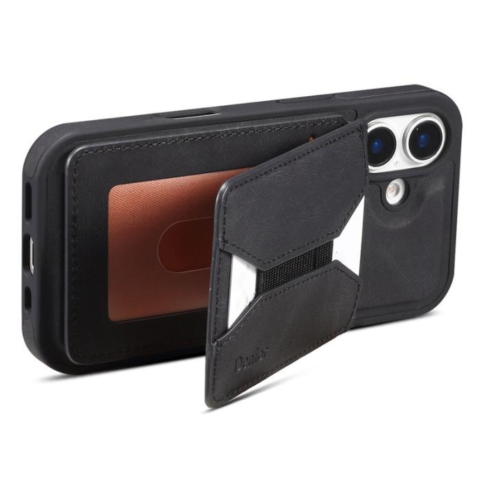 DENIOR - DENIOR D18 iPhone 16 Fodral Ring Ställ i Läder+PC+TPU - Svart