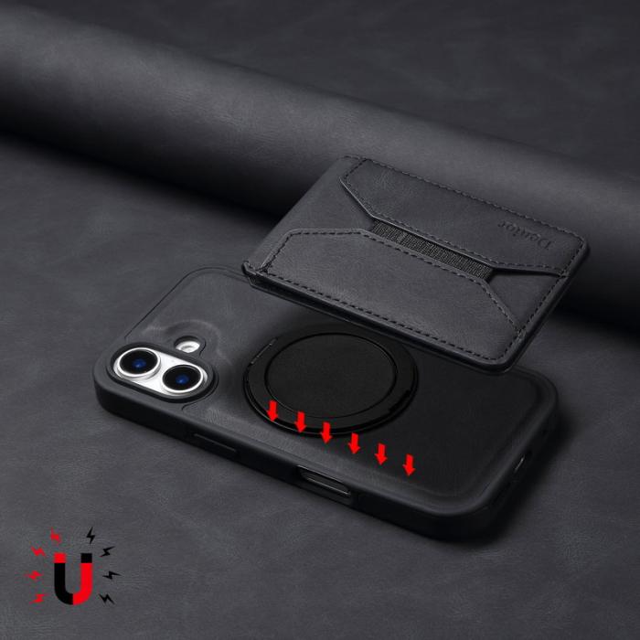 DENIOR - DENIOR D18 iPhone 16 Fodral Ring Ställ i Läder+PC+TPU - Svart