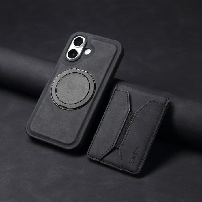 DENIOR - DENIOR D18 iPhone 16 Fodral Ring Ställ i Läder+PC+TPU - Svart