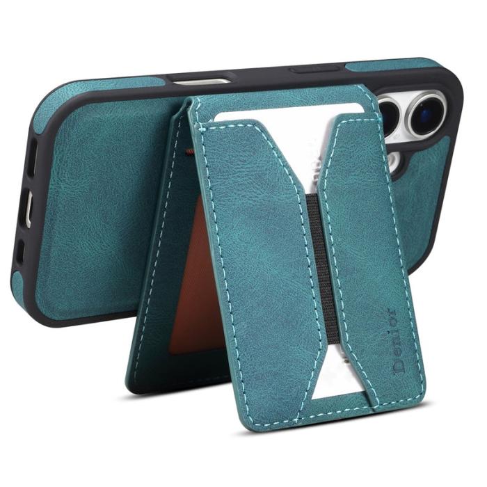 DENIOR - DENIOR D18 iPhone 16 Fodral Ring Ställ Läder+PC+TPU Blå