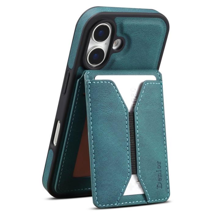 DENIOR - DENIOR D18 iPhone 16 Fodral Ring Ställ Läder+PC+TPU Blå
