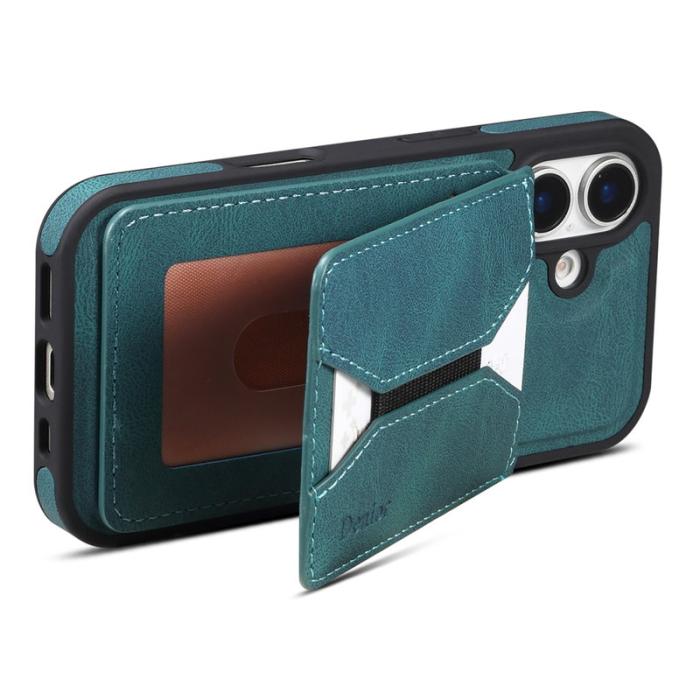 DENIOR - DENIOR D18 iPhone 16 Fodral Ring Ställ Läder+PC+TPU Blå