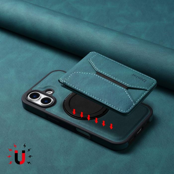 DENIOR - DENIOR D18 iPhone 16 Fodral Ring Ställ Läder+PC+TPU Blå