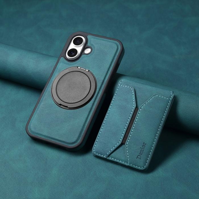DENIOR - DENIOR D18 iPhone 16 Fodral Ring Ställ Läder+PC+TPU Blå