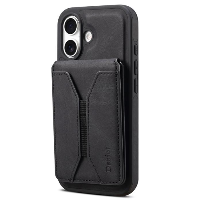DENIOR - DENIOR D18 iPhone 16 Plus Fodral Ring Ställ Läder PC TPU Svart